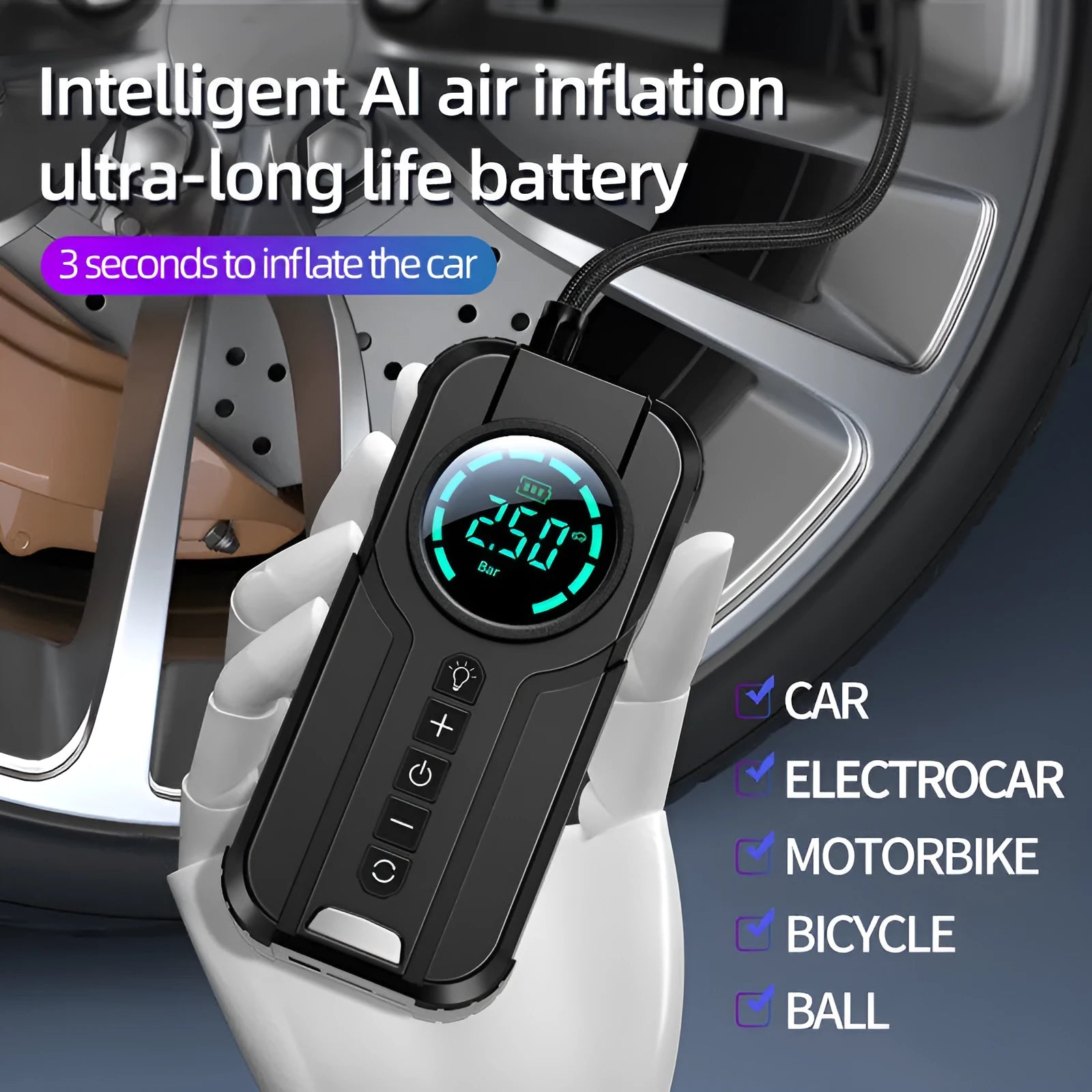 Portable wireless car air pump with power cable and multiple nozzle attachments