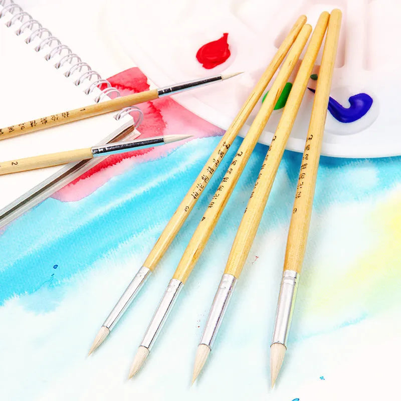 Set of six wooden-handle artistic brushes with wool points for detail drawing and painting