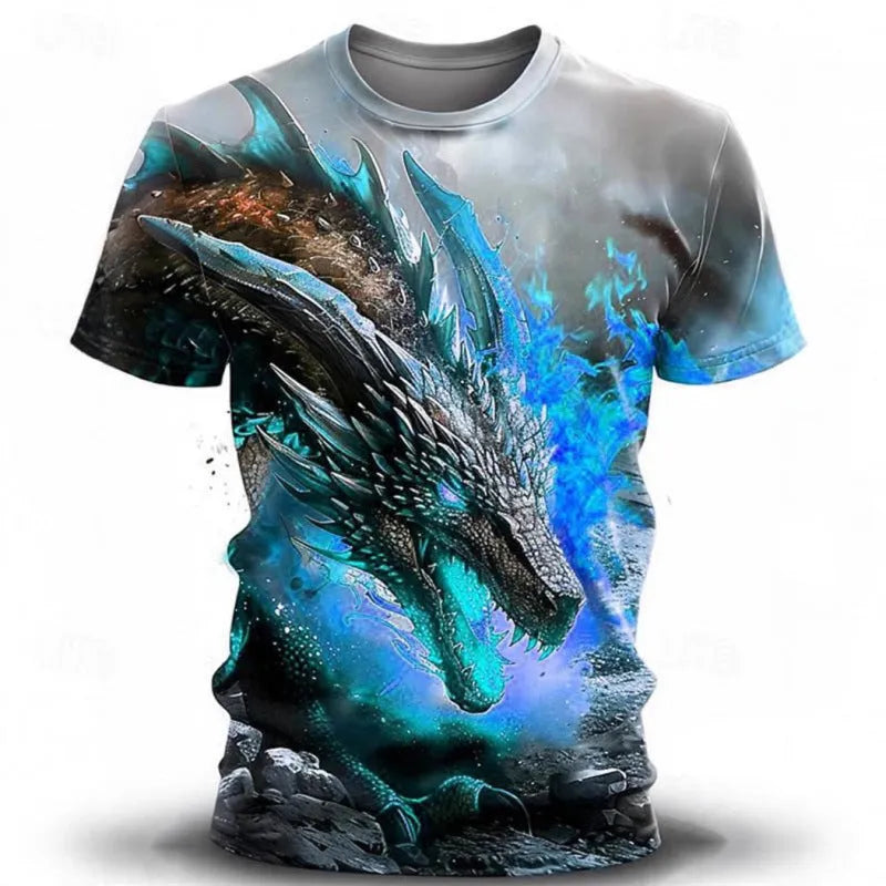 Men's grey casual T-shirt featuring a large 3D wind dragon print across the chest, with short sleeves.
