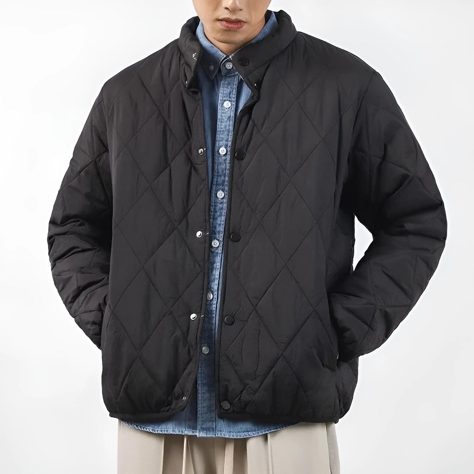Men's black diamond lattice quilted acrylic winter jacket with extended length
