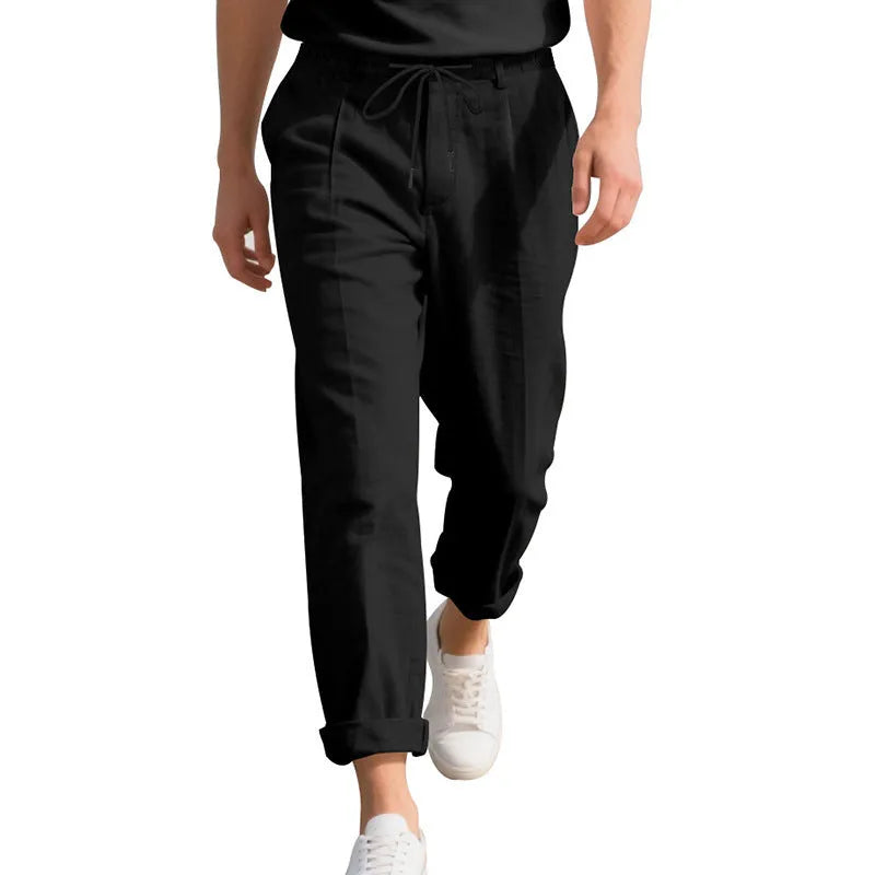 Men's linen casual trousers in straight leg style with drawstring waist in light khaki colour