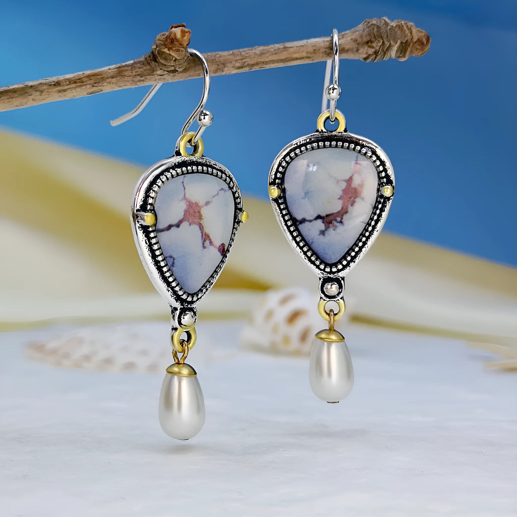 Retro blue drop earrings with two-colour electroplating and geometric bohemian design
