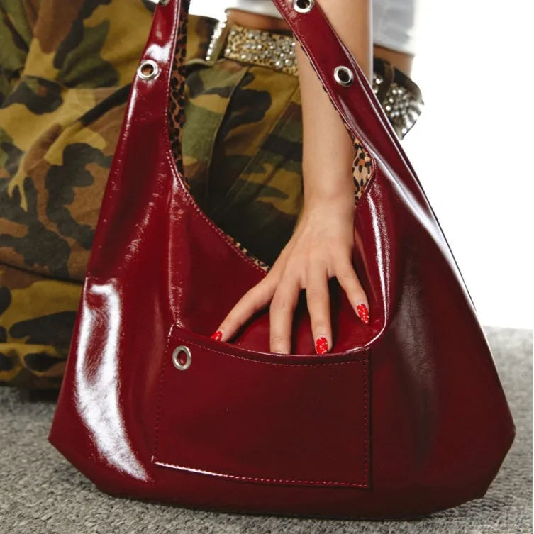 Red leopard print women's shoulder bag with two-sided design and dumpling shape