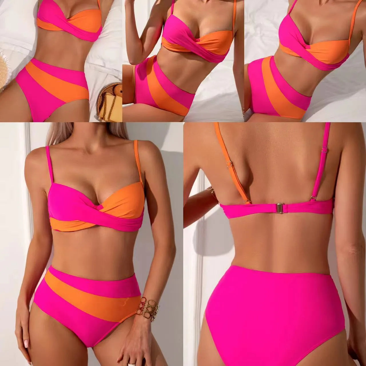 Orange women's two-piece split bikini with steel bracket support on a mannequin.