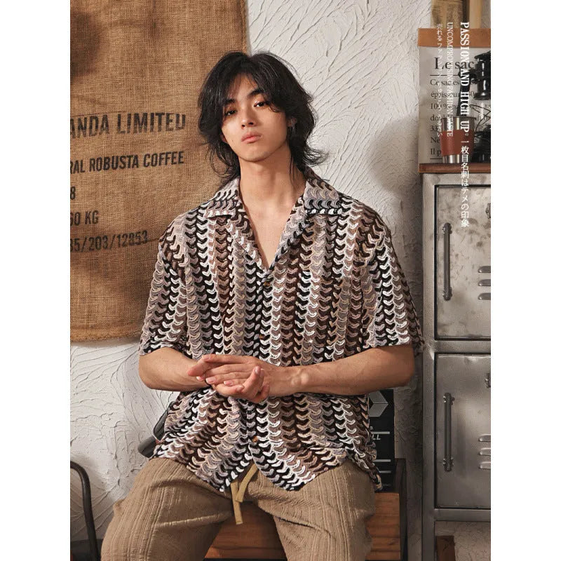 Men's grey Japanese style Cuban collar short sleeve shirt with jacquard texture, shown on a model.