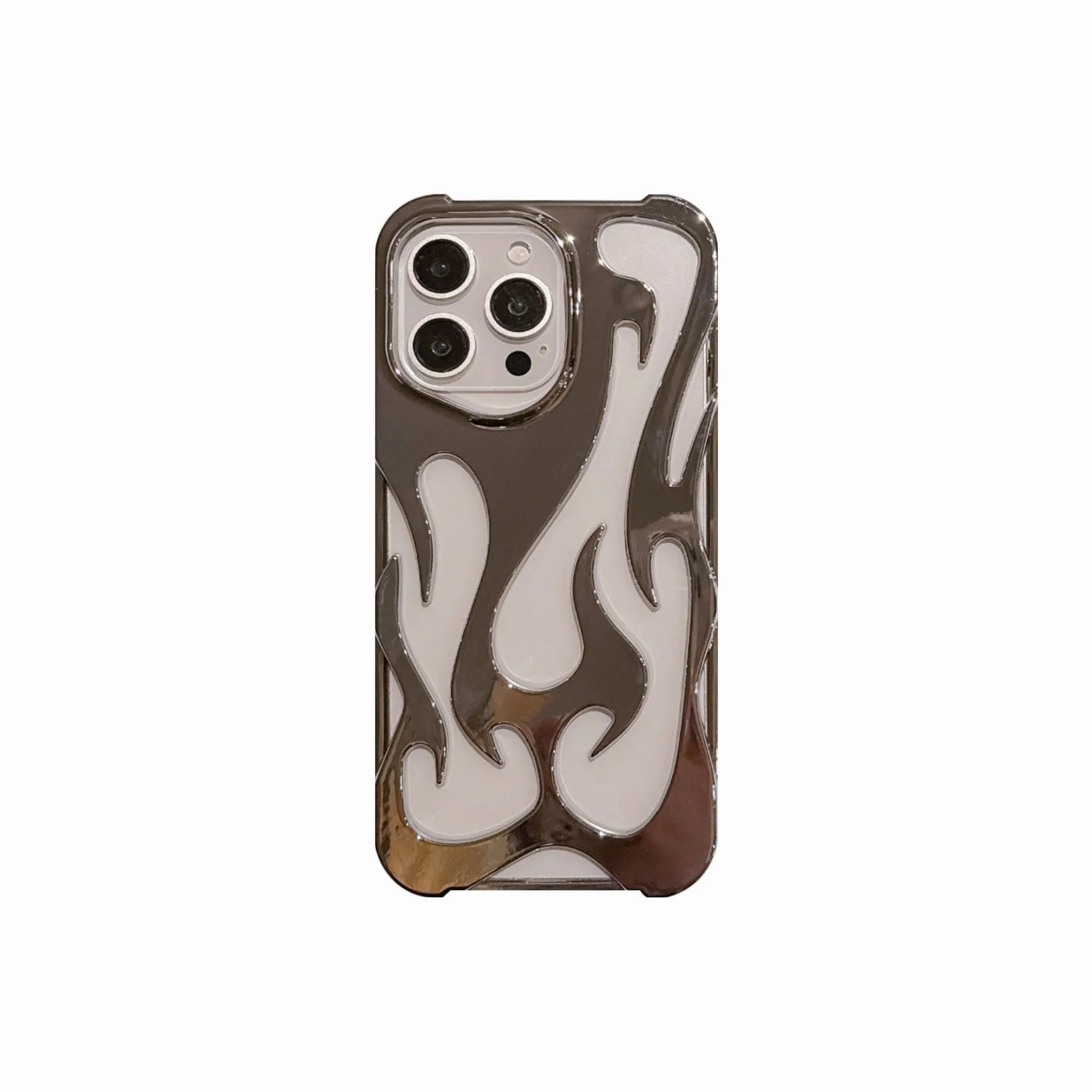 Electroplated hollow flame pattern TPU iPhone case in silver plating shown on a phone.