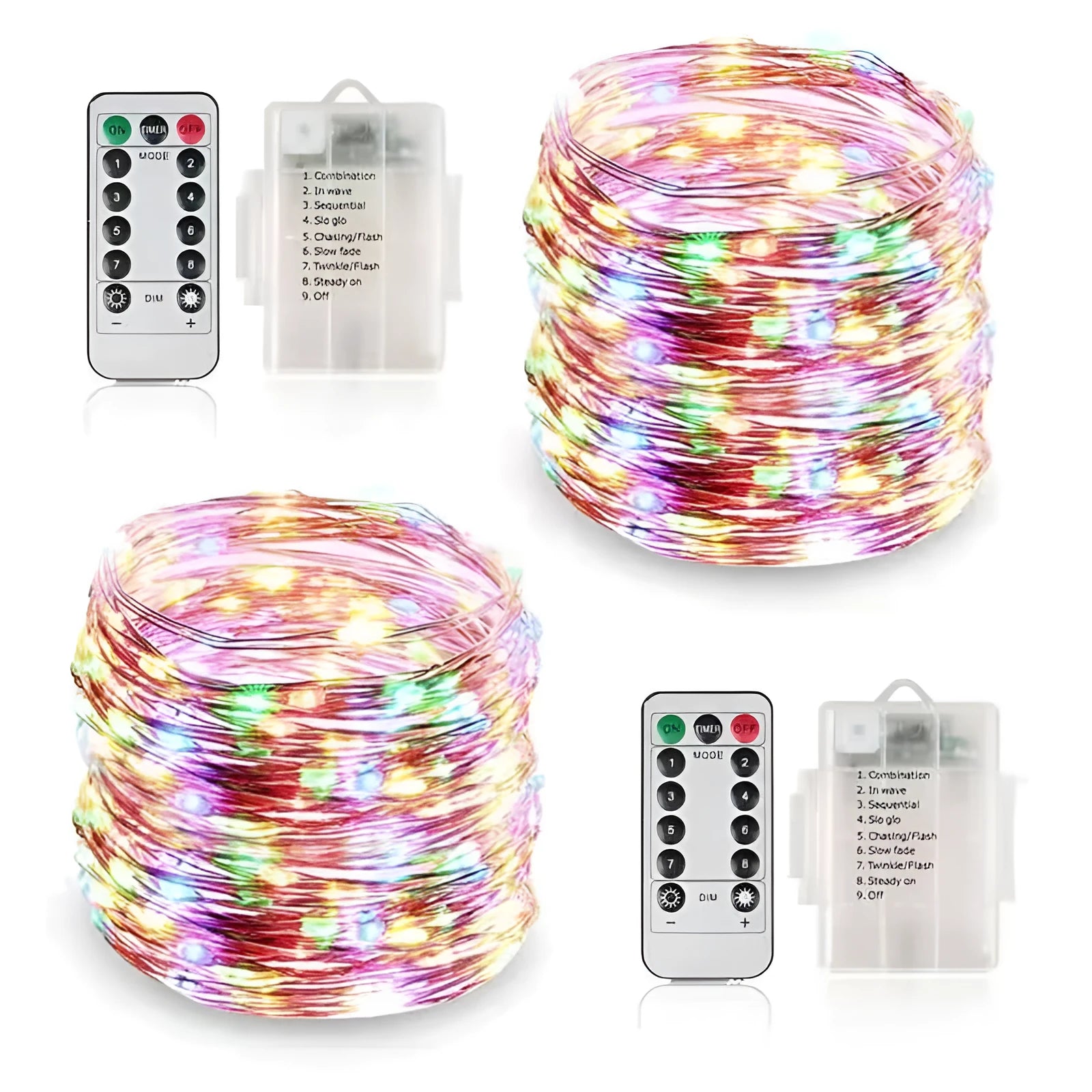 Copper wire LED string lights shaped around a bottle, showing multiple small coloured bulbs.