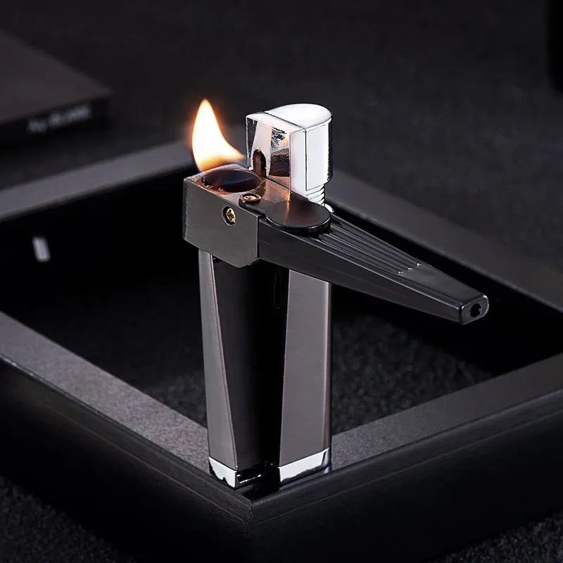 Silver and black foldable metal pipe lighter with stash compartment closed.