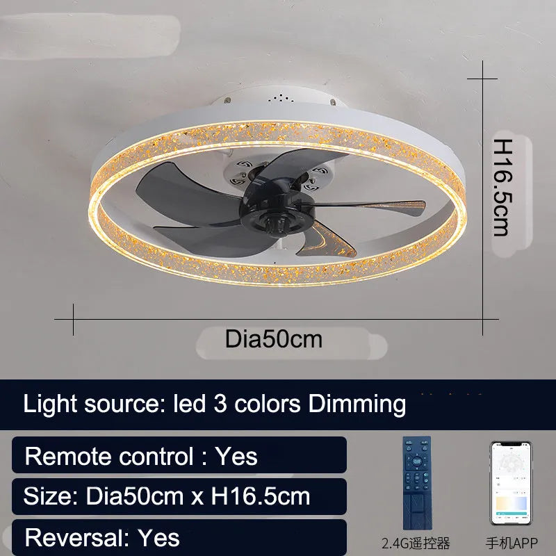 Nordic design remote control ceiling fan lamp with light, 50cm diameter in coffee gold finish.
