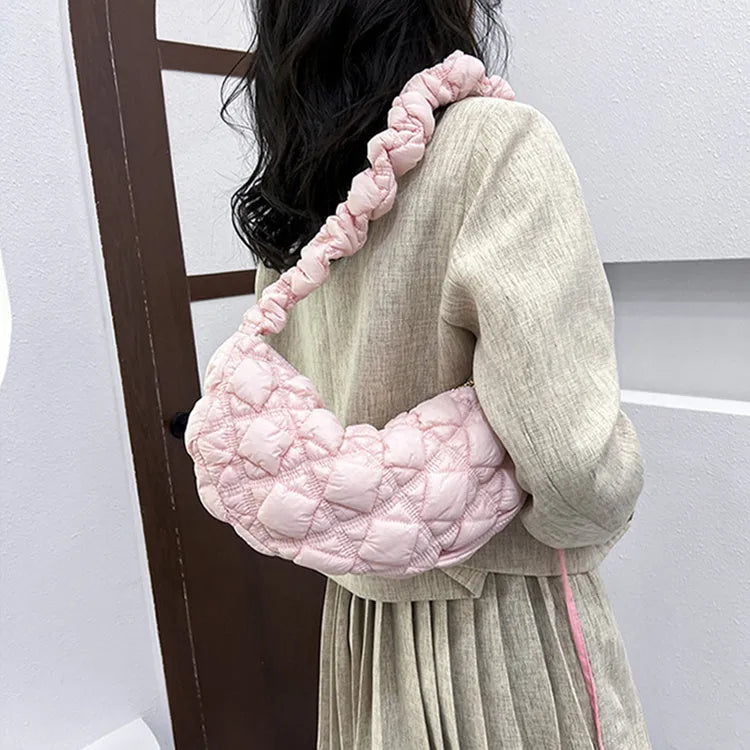 Women's nylon shoulder messenger bag in beige colour showing dimensions and adjustable strap