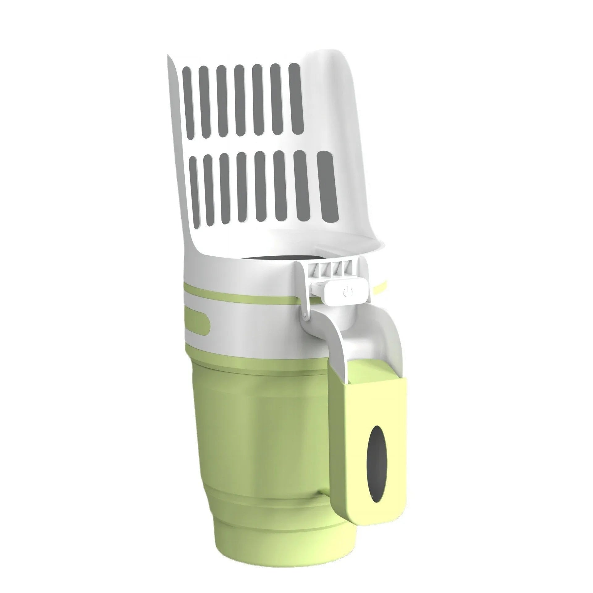 Grey cat litter scoop with waste collection bin showing foldable bottom design