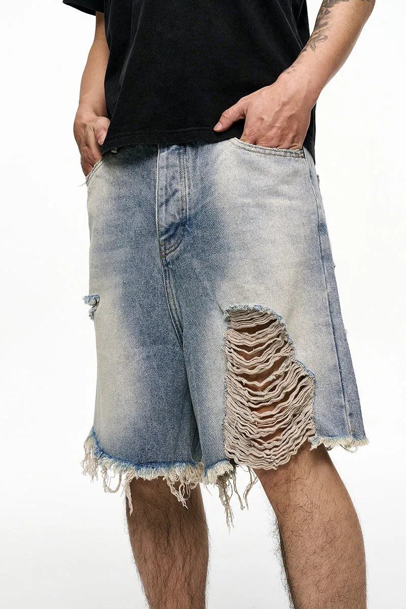 Light blue men's baggy denim shorts with wide leg and mid waist on a plain background