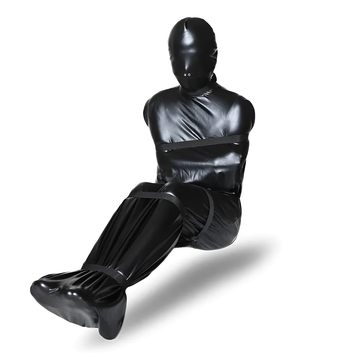 Black patent leather bondage set with leak nostril clothing and six ratchet tie down straps