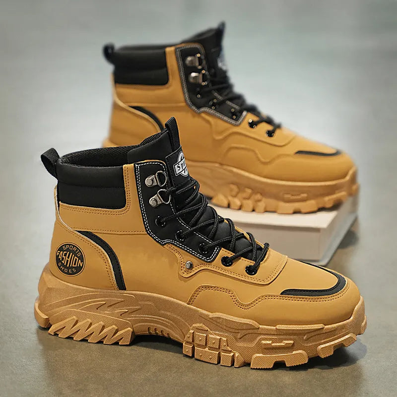 Men's black and yellow Martin boots with a mid-heel and high-top design.