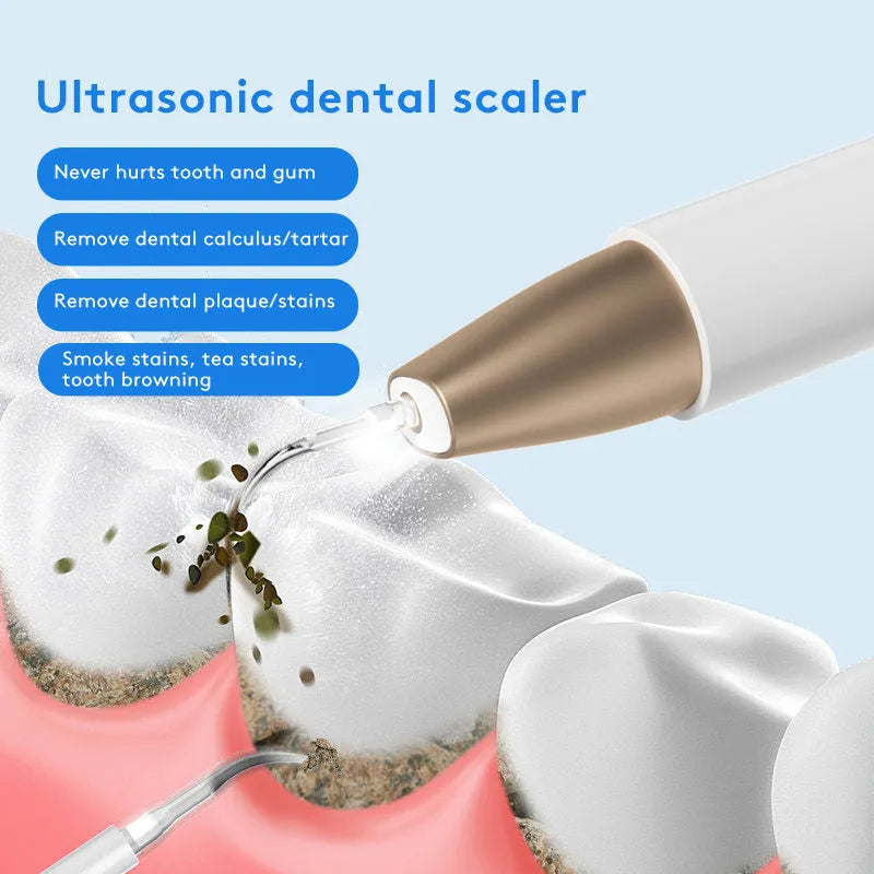 Gold-coloured ultrasonic teeth cleaning device for tartar and stain removal
