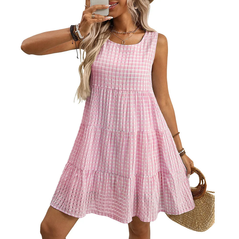 Women's loose sleeveless plaid dress with lining and swing skirt in light blue