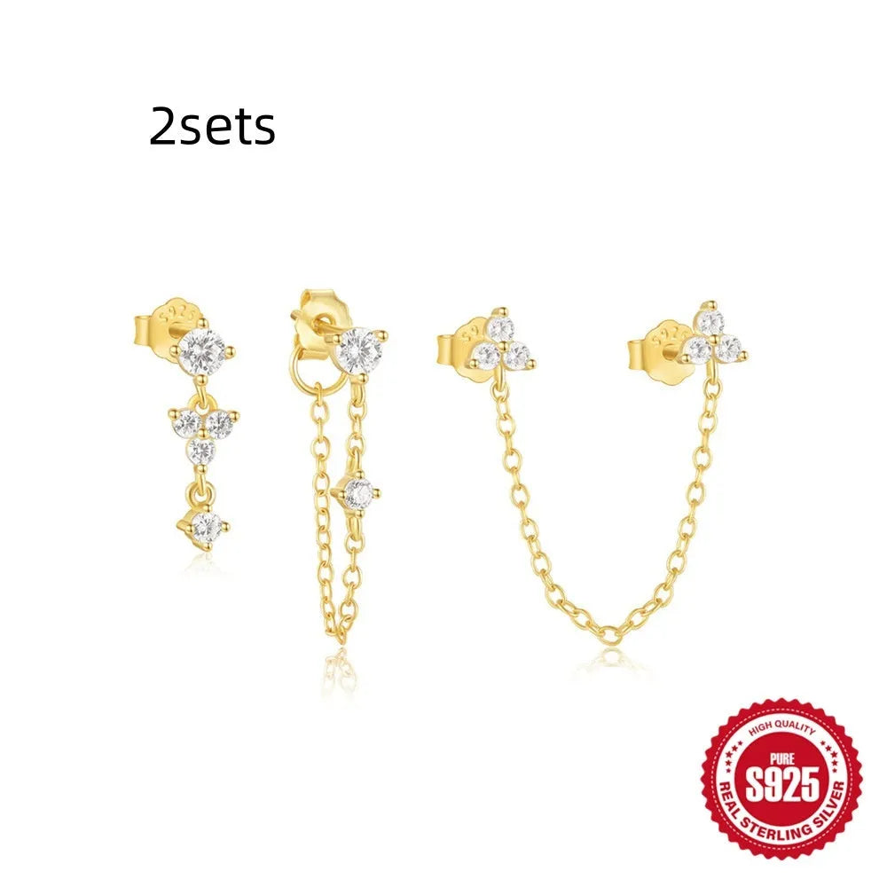 S925 sterling silver geometric tassel earrings in gold tone, three-piece set for women