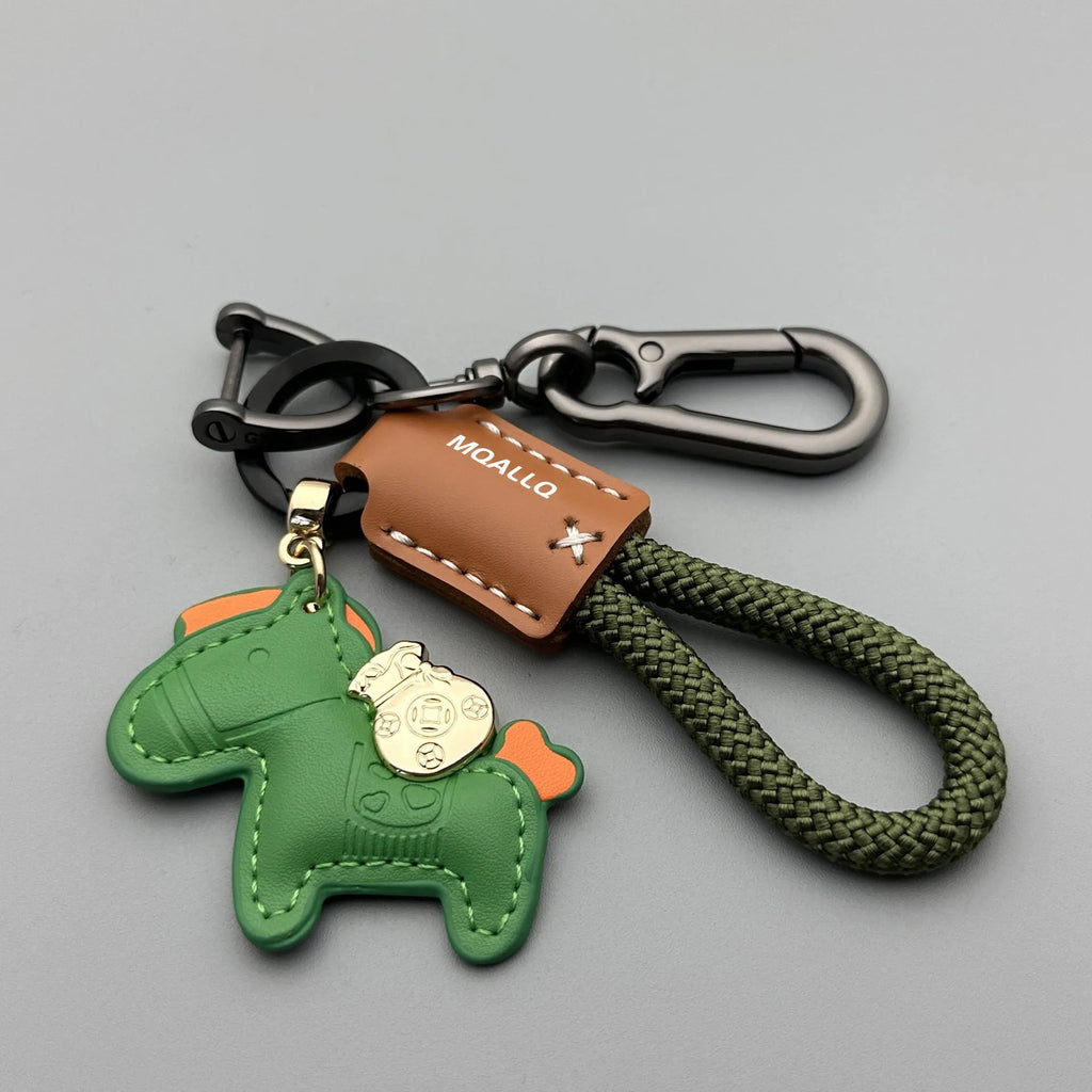 Handmade cowhide leather car key pendant with zinc alloy pony buckle and coloured flanelle rope