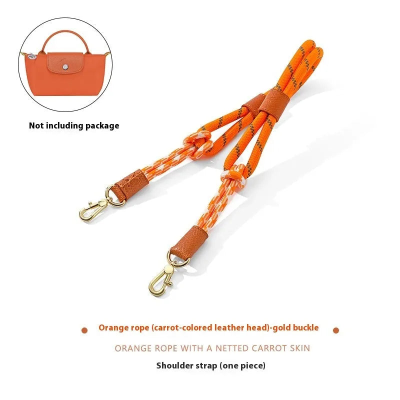 Braided nylon and cowhide leather crossbody shoulder strap with gold alloy buckle on a grey background.