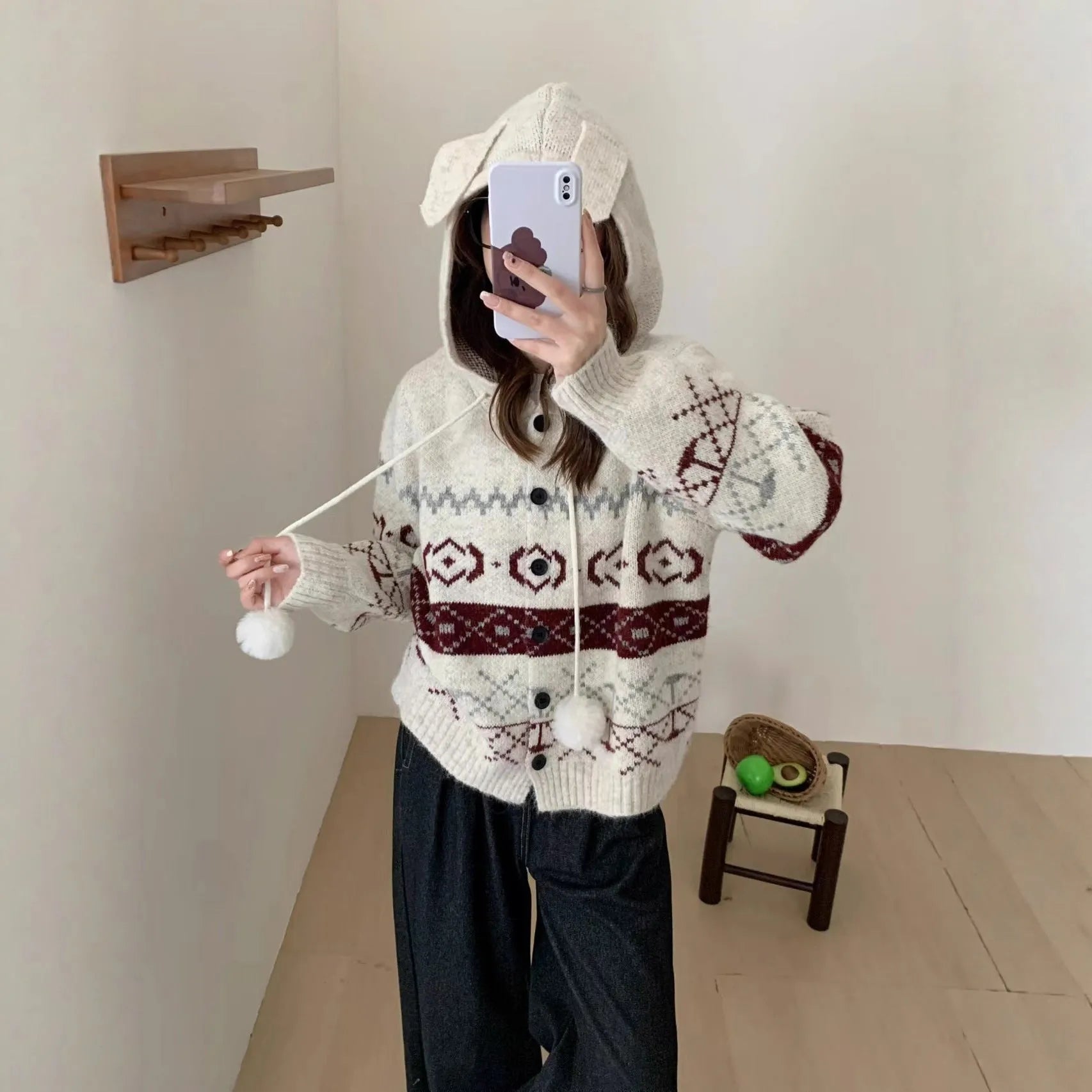 Plus size women's brocade sweater coat with geometric pattern in loose fit