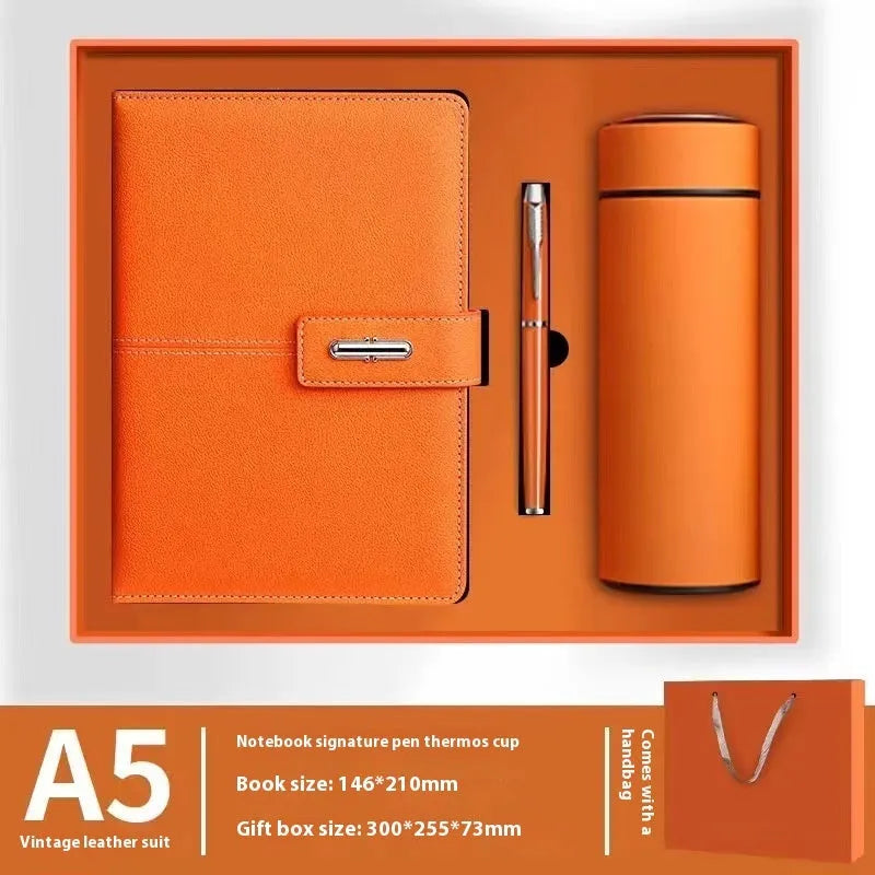 A5 notebook with imitation leather cover in multiple colour options including black, red, green, blue, and orange.