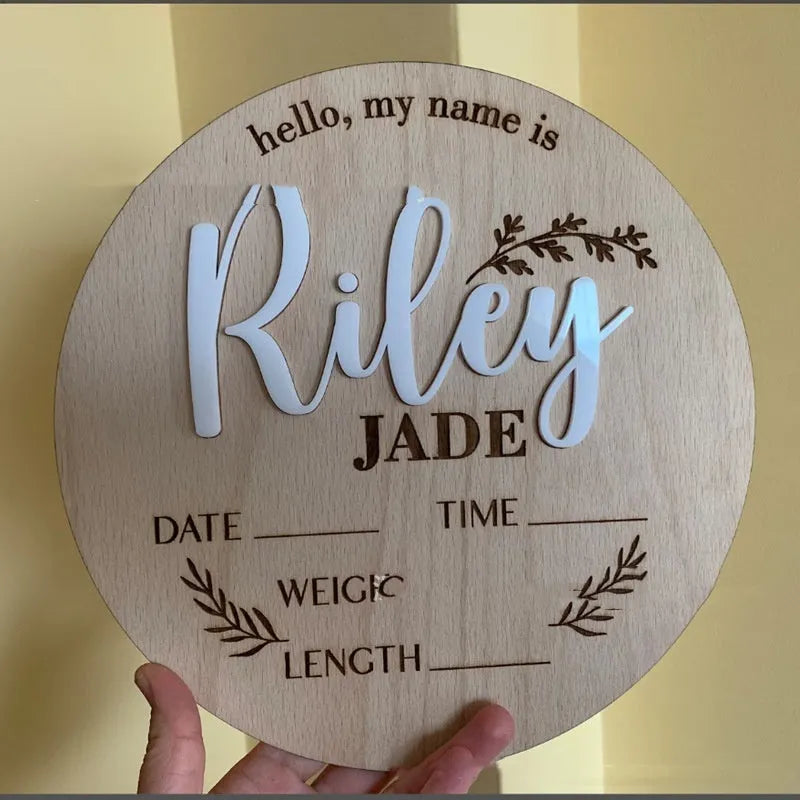 Square wooden baby birth information name label sign measuring 15cm
