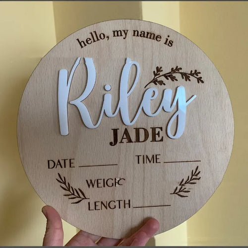Square wooden baby birth information name label sign measuring 15cm