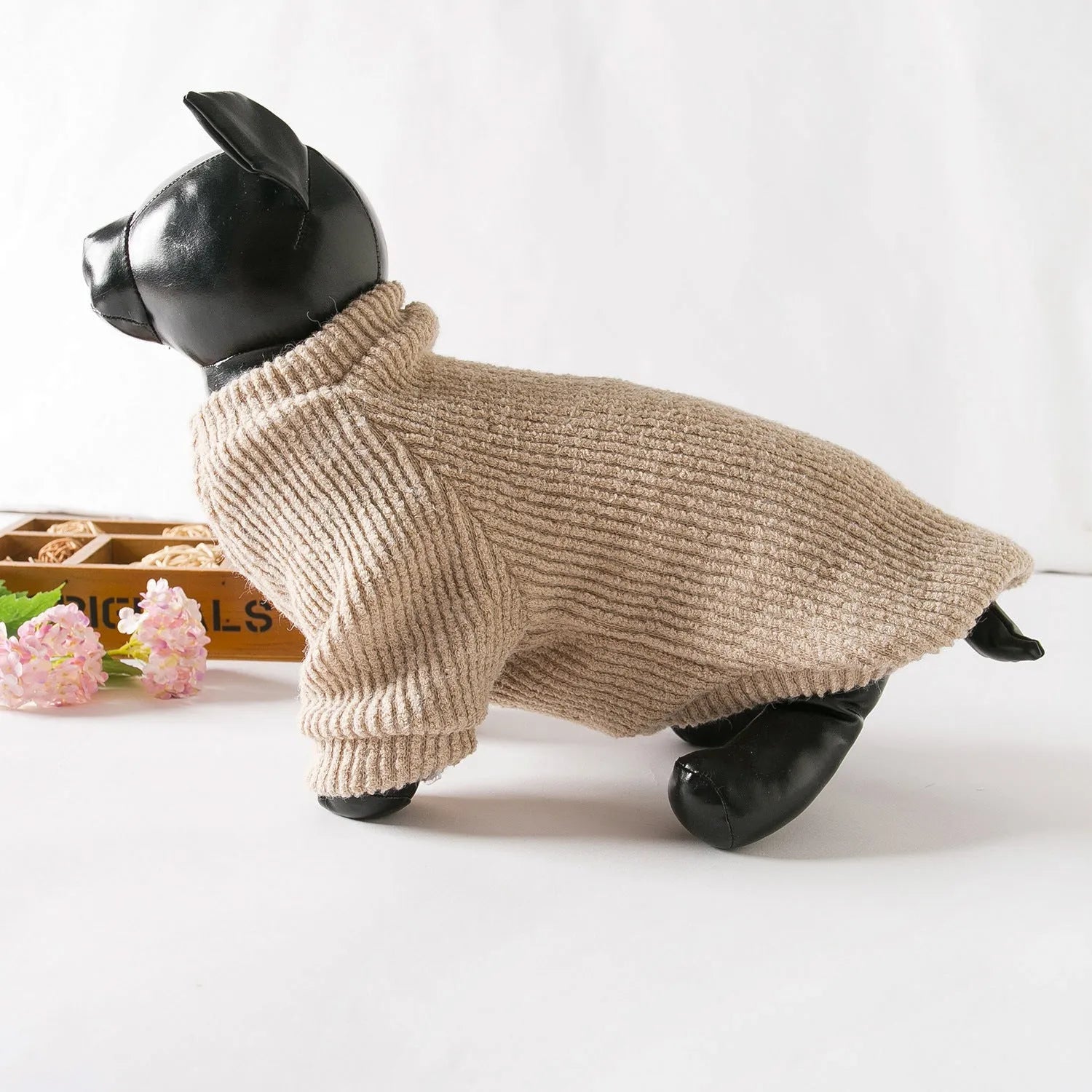 Brown knitted dog sweater pullover for small breed dogs on mannequin