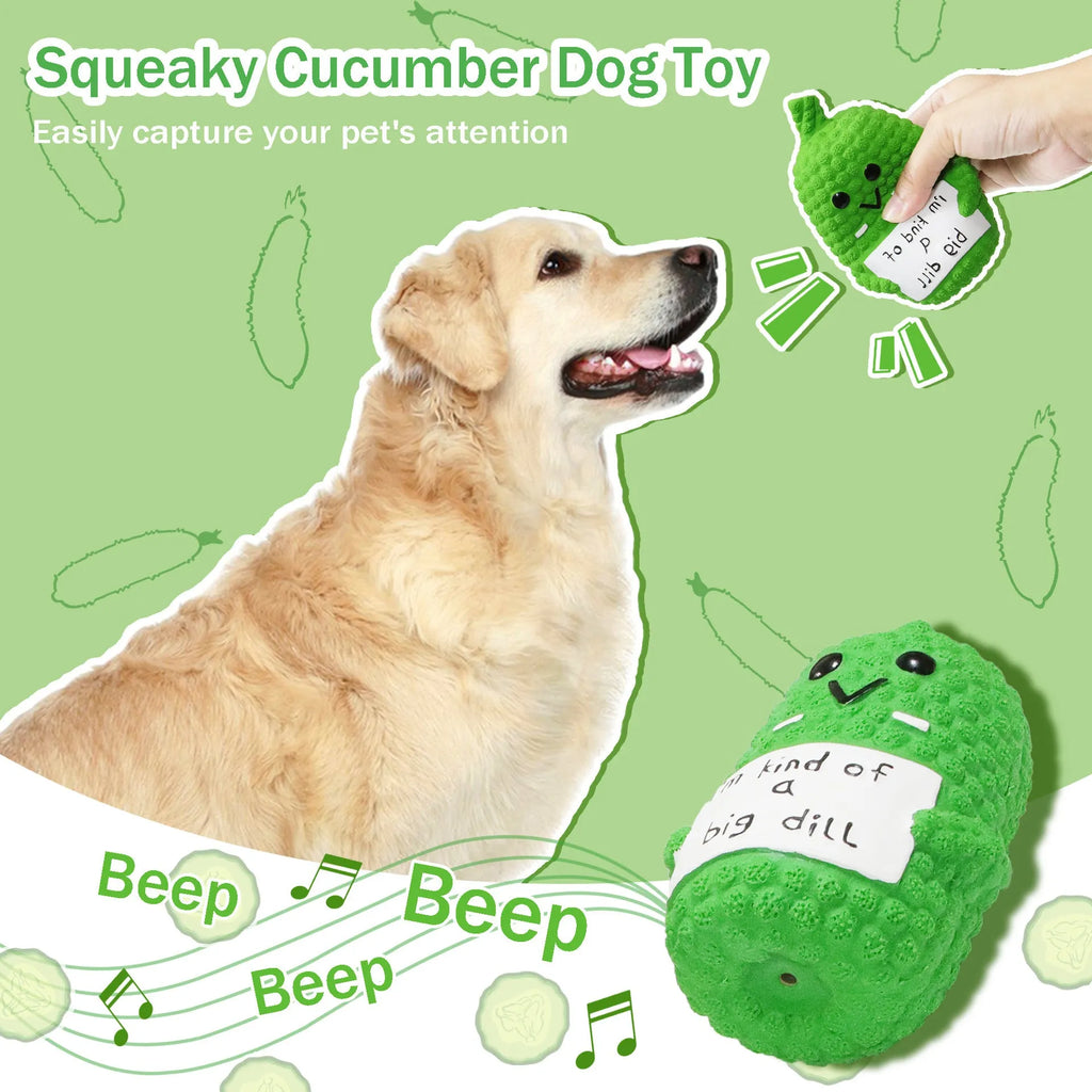 Green pickle-shaped squeaky dog chew toy with textured surface for dental cleaning
