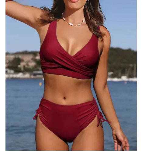 Women's cross strap solid colour bikini swimsuit in army green on a mannequin.