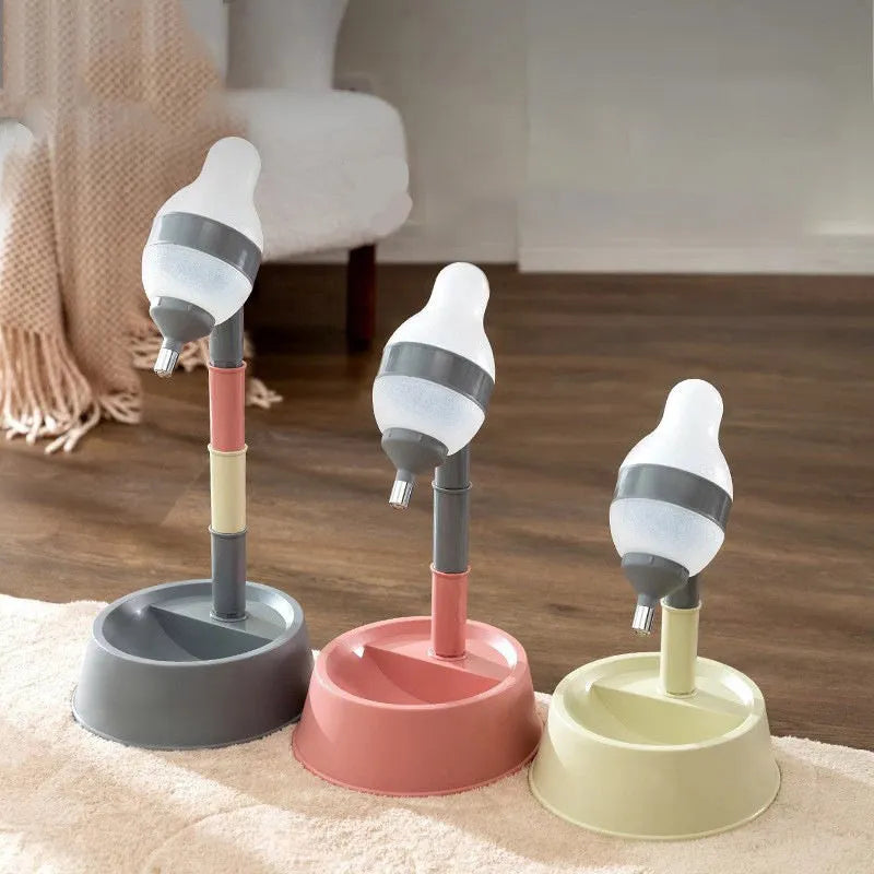 Grey adjustable height pet water dispenser bowl on a stand with a drinking nozzle