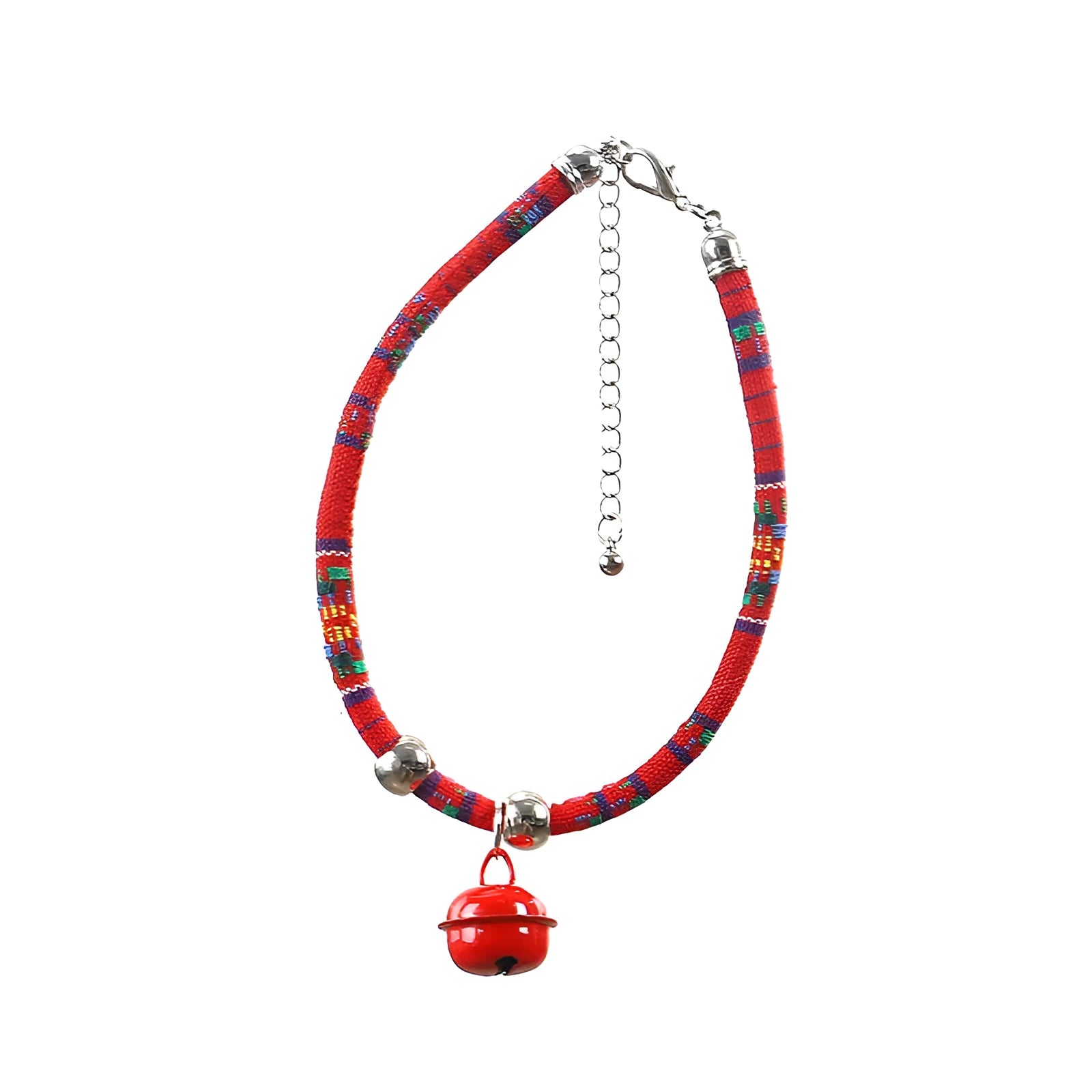 Ethnic patterned adjustable nylon pet collar with a metal buckle and bell in multiple colour options.