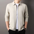 Men's polyester jacket in black, dark grey, or apricot with long sleeves and straight hem.