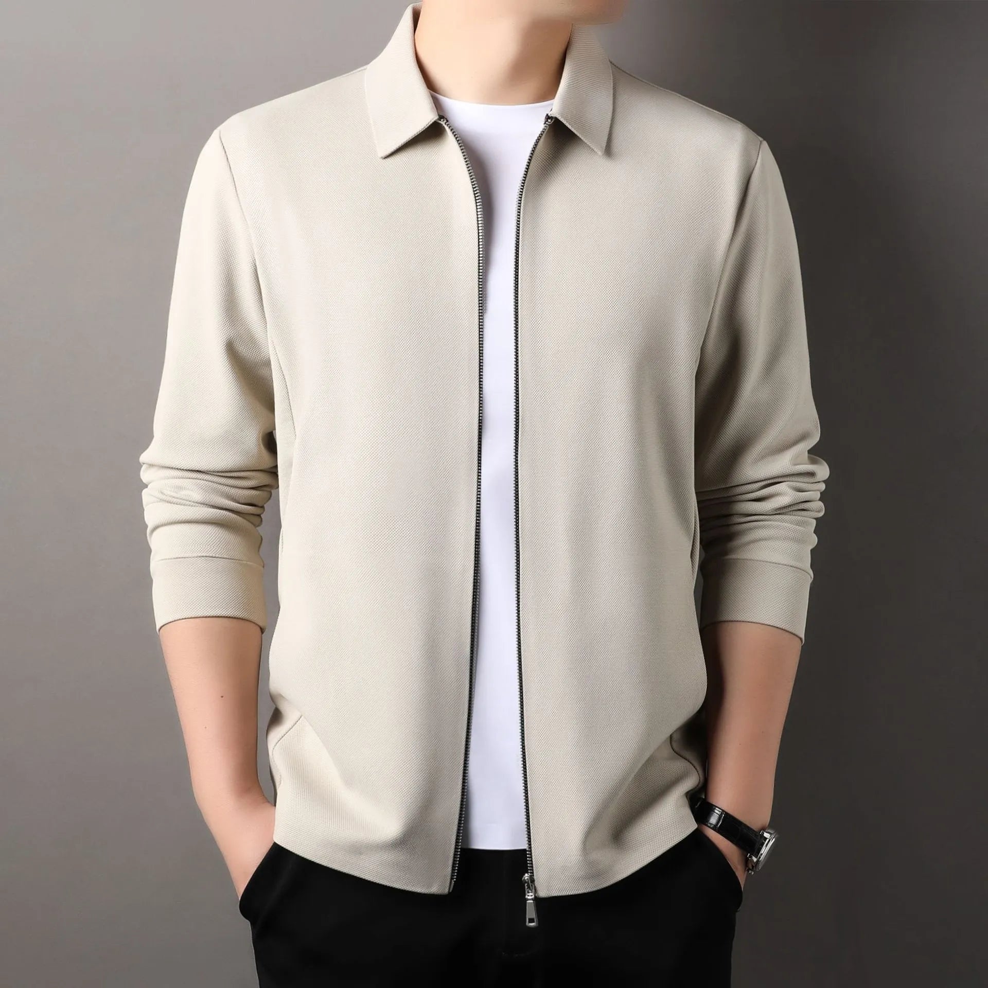 Men's polyester jacket in black, dark grey, or apricot with long sleeves and straight hem.