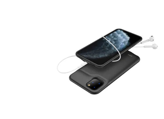 Shockproof silicone iPhone battery charger case in black, blue, pink, or white colours showing extended battery capacity.