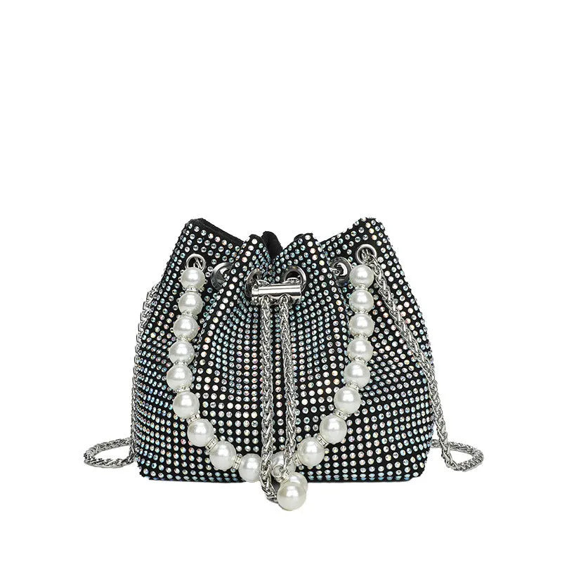 Western style diamond detailing soft PU bucket crossbody bag with chain strap