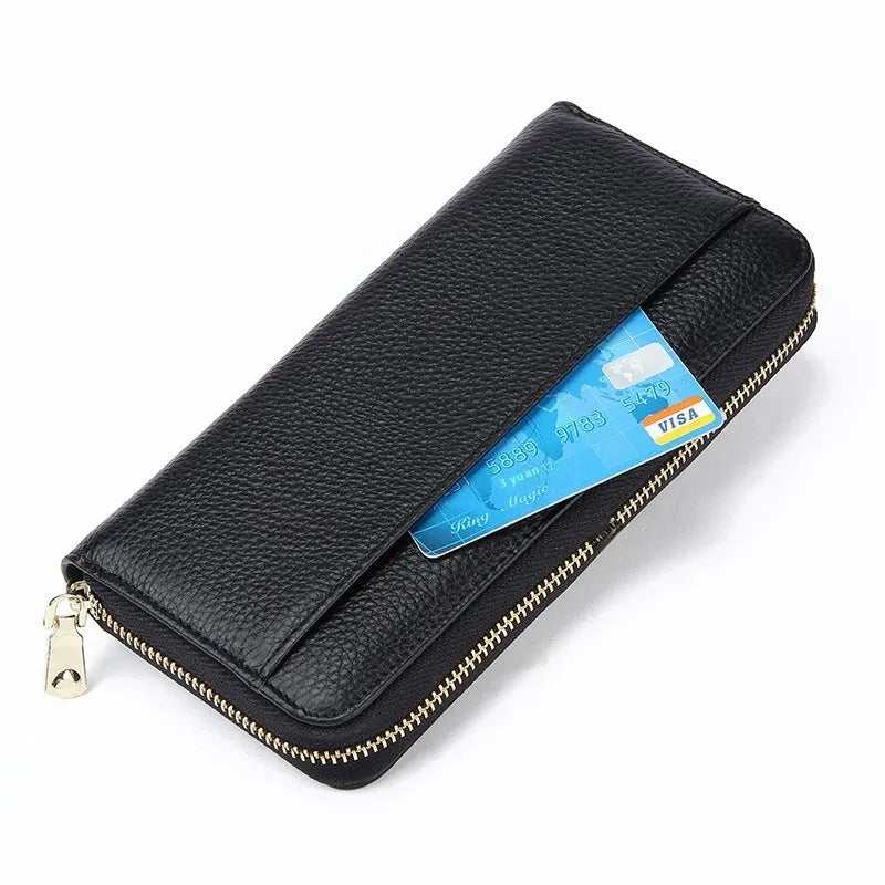 Genuine leather women's wallet showing interior organisation and anti-theft card protection features