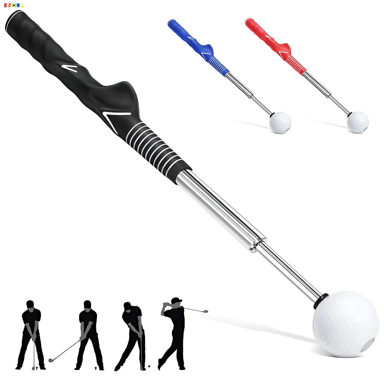 Stainless steel telescopic golf swing simulator trainer on a plain background