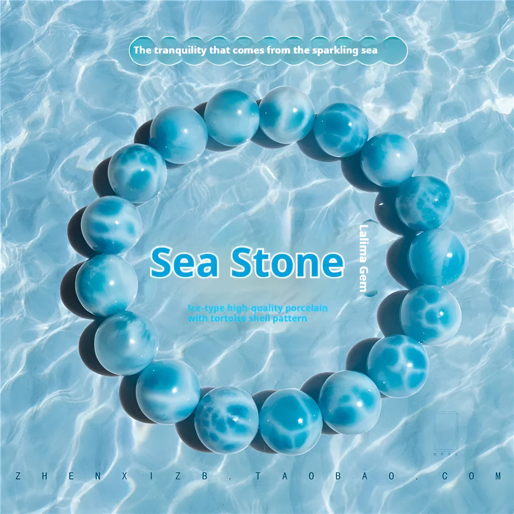 Blue natural crystal sea-pattern bodhi bracelet with pearl accents in Maillard style arrangement