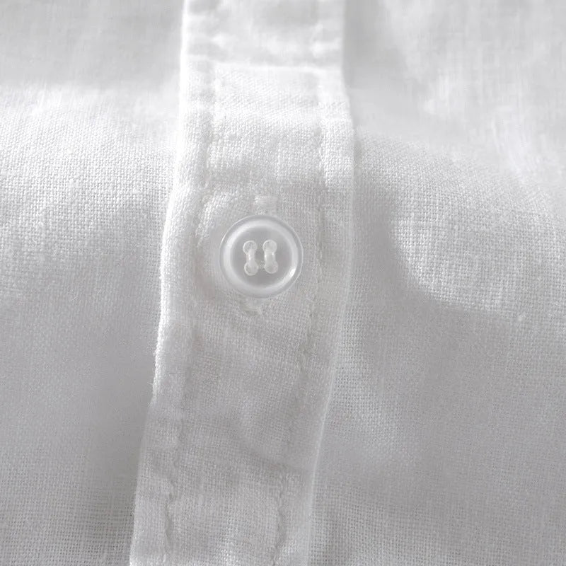 Men's light blue linen blend short sleeve shirt with loose fit on hanger