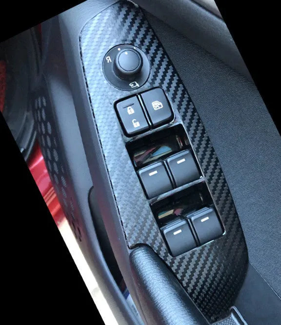 Four TPU protective films for car door control panels on a white background.