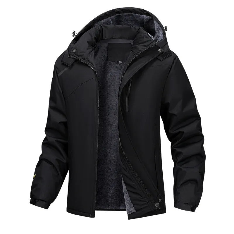Men's plus size hooded waterproof coat in army green colour showing loose fit design