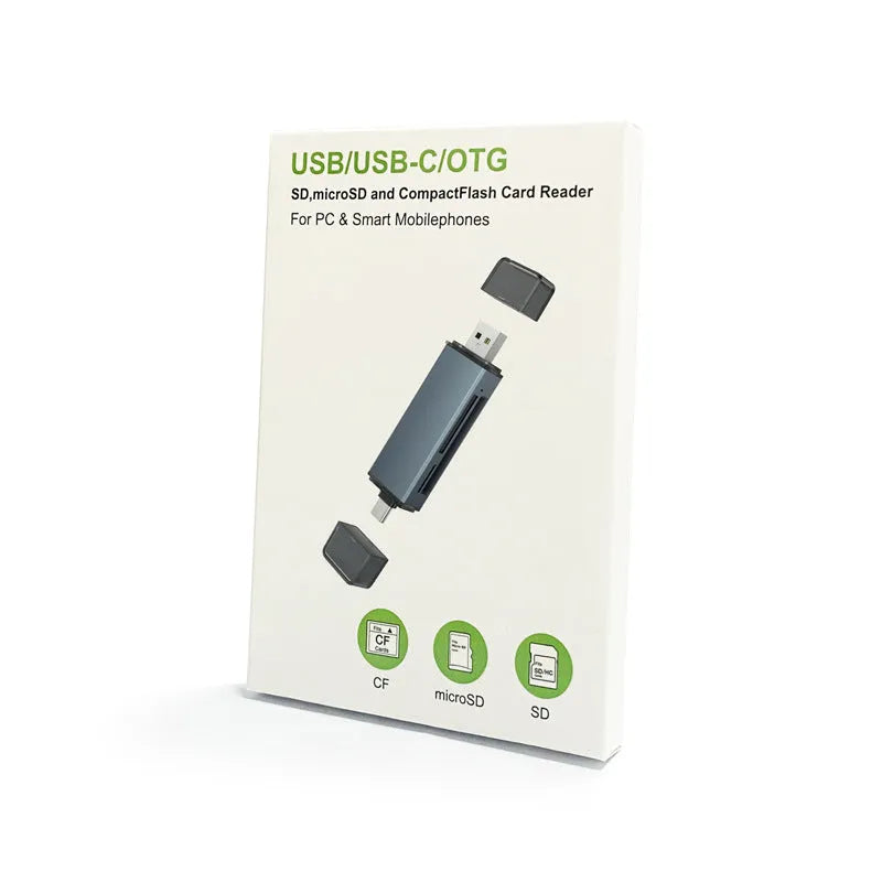 CF SD TF three-in-one aluminium card reader with USB connection for computer and mobile phone