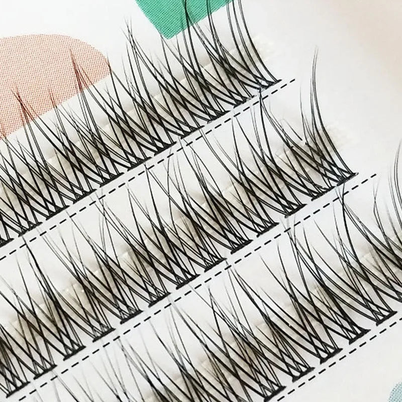 Black V-shaped fishtail false eyelashes showing segments in 8mm, 9mm, 10mm, 11mm, and 12mm lengths