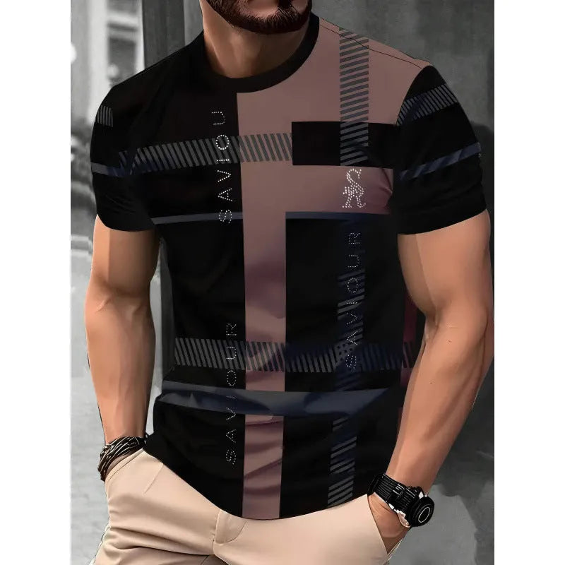 Men's loose fit short-sleeved T-shirt with digital 3D printed stripes pattern, available in multiple colours and sizes up to 5XL.