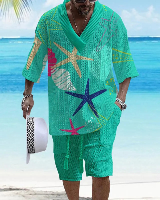 Loose casual short sleeve suit two-piece set in polyester fabric, showing top and shorts.