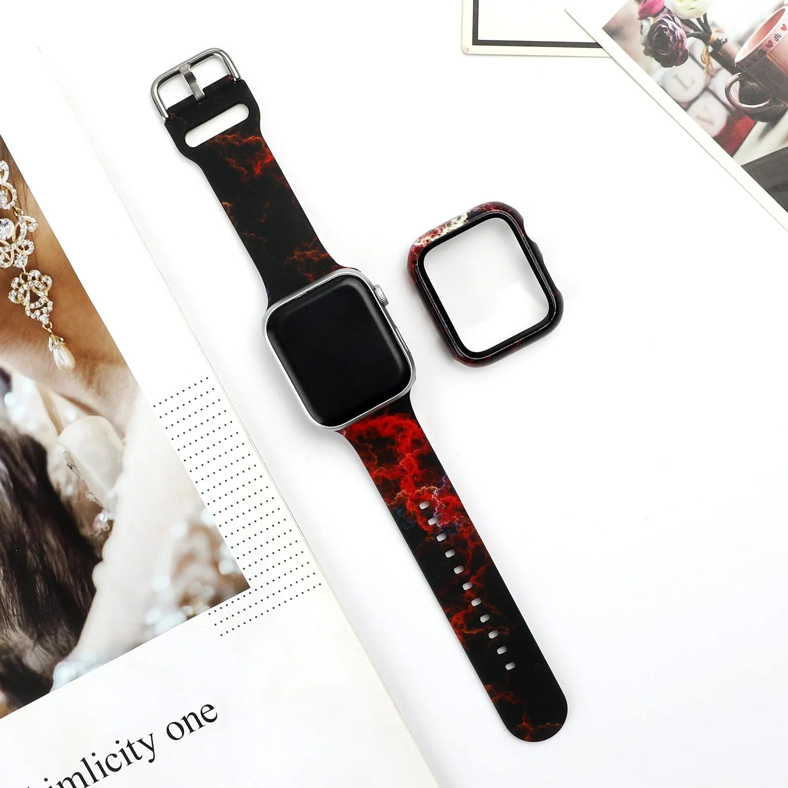 Printed silicone replacement strap for Apple Watch showing design options and 38mm 40mm 42mm 44mm size compatibility.
