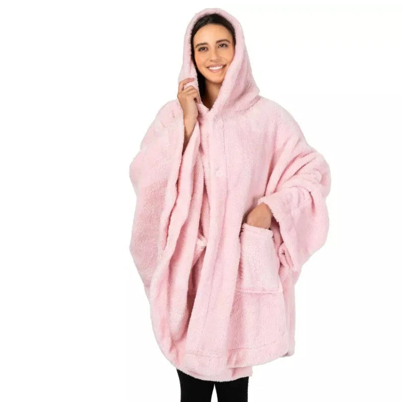 A thick, hooded long-sleeve polyester bathrobe cardigan in dark grey, shown on a hanger.