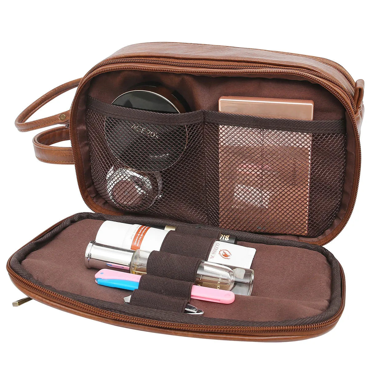 Men's black and brown Pu toiletry bag for travel storage