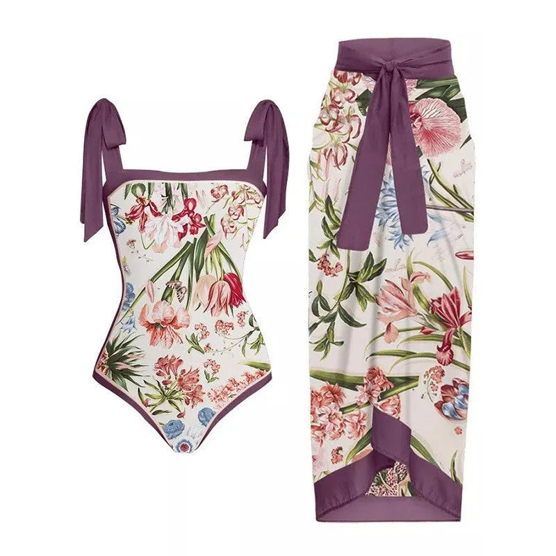 Women's retro floral one-piece swimsuit with chiffon skirt in yellow and black feather patterns